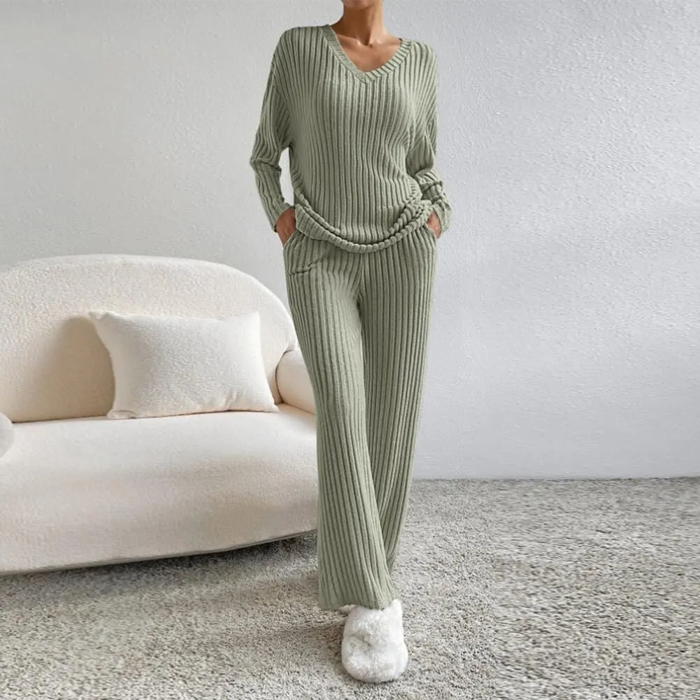 2 Pack Womens Pajamas Sets Casual Ribbed Knit V Neck Sleepwear Soft Pjs Lounge Sets Top and Pants with Pockets XS-XXL