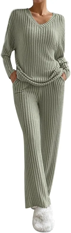 2 Pack Womens Pajamas Sets Casual Ribbed Knit V Neck Sleepwear Soft Pjs Lounge Sets Top and Pants with Pockets XS-XXL