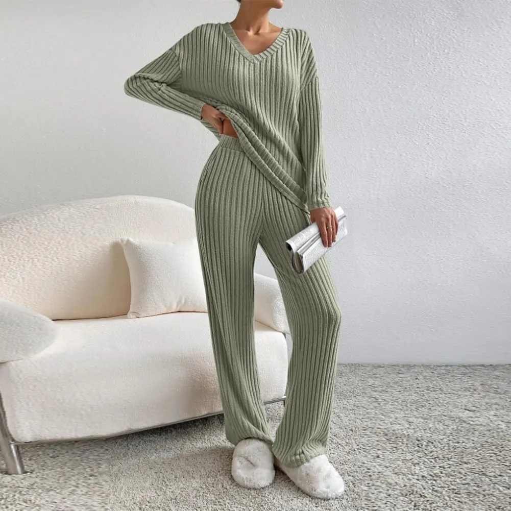 2 Pack Womens Pajamas Sets Casual Ribbed Knit V Neck Sleepwear Soft Pjs Lounge Sets Top and Pants with Pockets XS-XXL