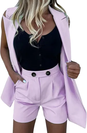 2 Piece Outfits for Women Sleeveless Solid Color Blazer with Shorts Casual Elegant Business Coat for Winter