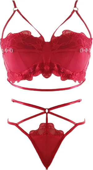 2 Piece Women's Lace Bralette Strappy Lingerie Set Sexy Bra and Panty Set Mesh Babydoll Bodysuit Underwear Negligee Red