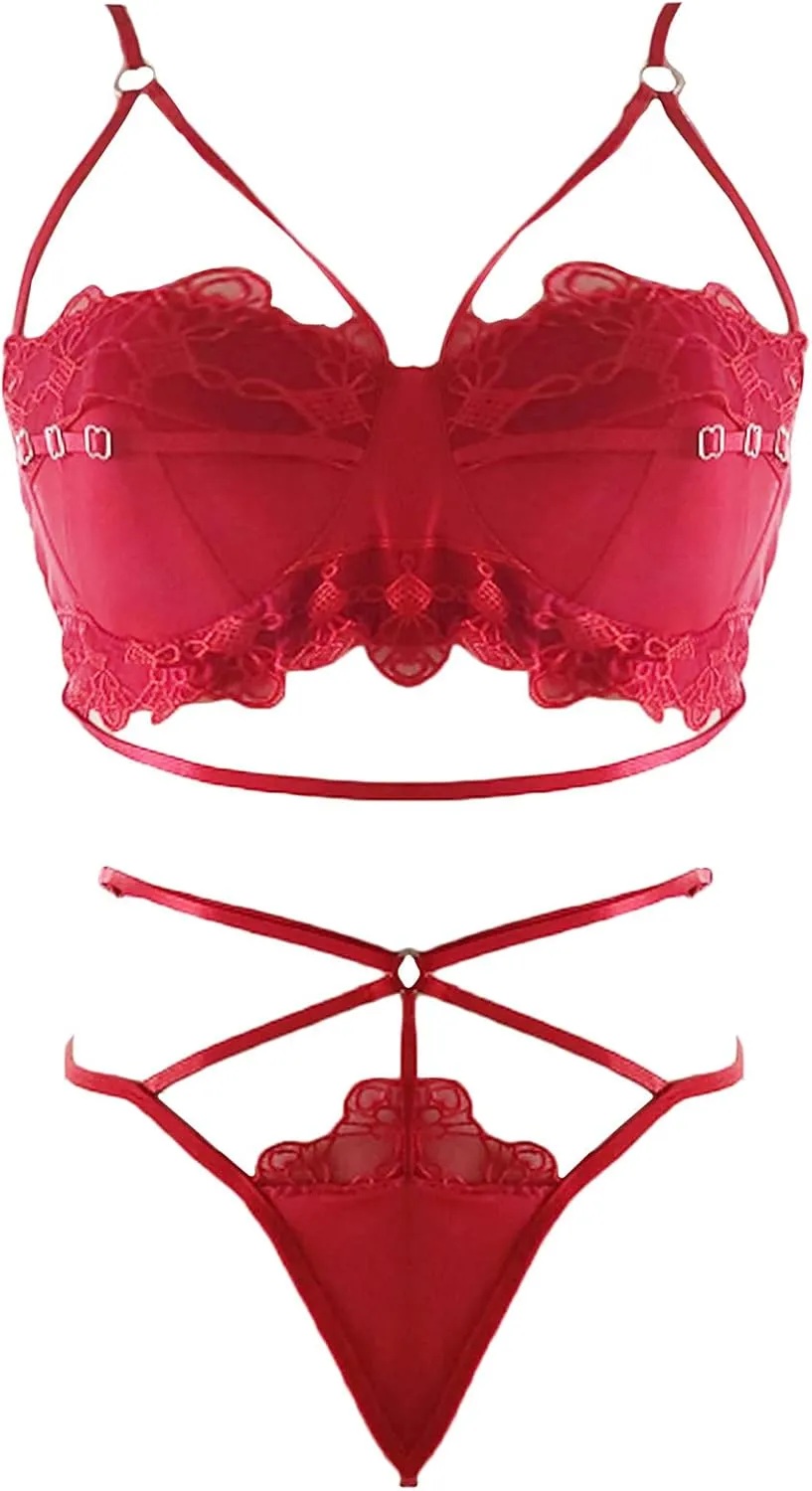 2 Piece Women's Lace Bralette Strappy Lingerie Set Sexy Bra and Panty Set Mesh Babydoll Bodysuit Underwear Negligee Red