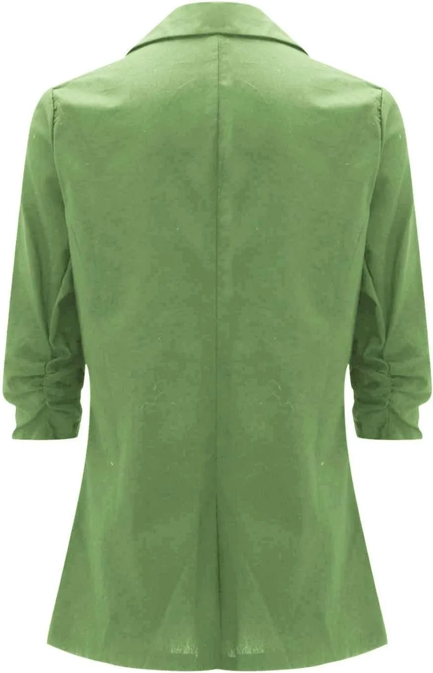 2024 Summer Linen Blazer Women 3/4 Ruched Sleeve Summer Lightweight Breathable Casual Work Office Jacket with Pocket