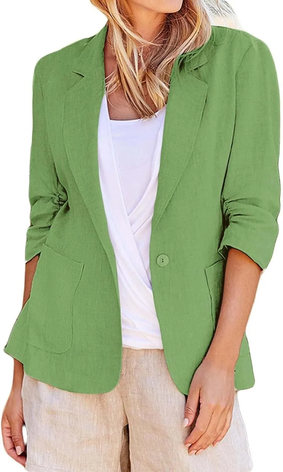2024 Summer Linen Blazer Women 3/4 Ruched Sleeve Summer Lightweight Breathable Casual Work Office Jacket with Pocket