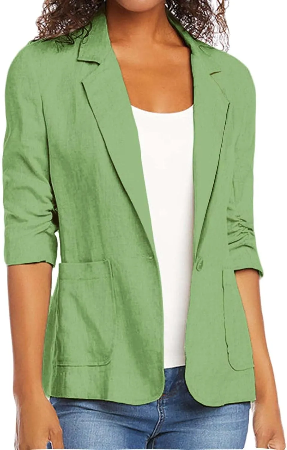 2024 Summer Linen Blazer Women 3/4 Ruched Sleeve Summer Lightweight Breathable Casual Work Office Jacket with Pocket