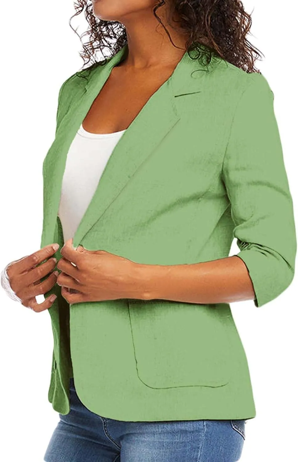 2024 Summer Linen Blazer Women 3/4 Ruched Sleeve Summer Lightweight Breathable Casual Work Office Jacket with Pocket