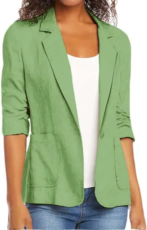 2024 Summer Linen Blazer Women 3/4 Ruched Sleeve Summer Lightweight Breathable Casual Work Office Jacket with Pocket