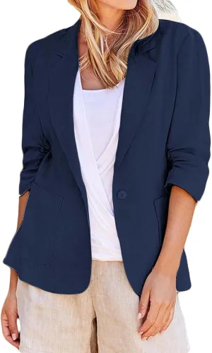 2025 Linen Blazer Women Casual 3/4 Stretchy Ruched Sleeve Blazer Jackets Lightweight Breathable Work Office Jackets