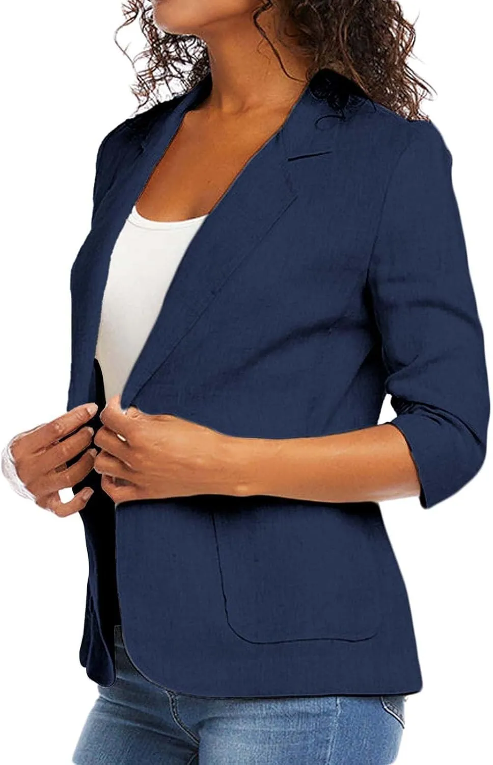 2025 Linen Blazer Women Casual 3/4 Stretchy Ruched Sleeve Blazer Jackets Lightweight Breathable Work Office Jackets