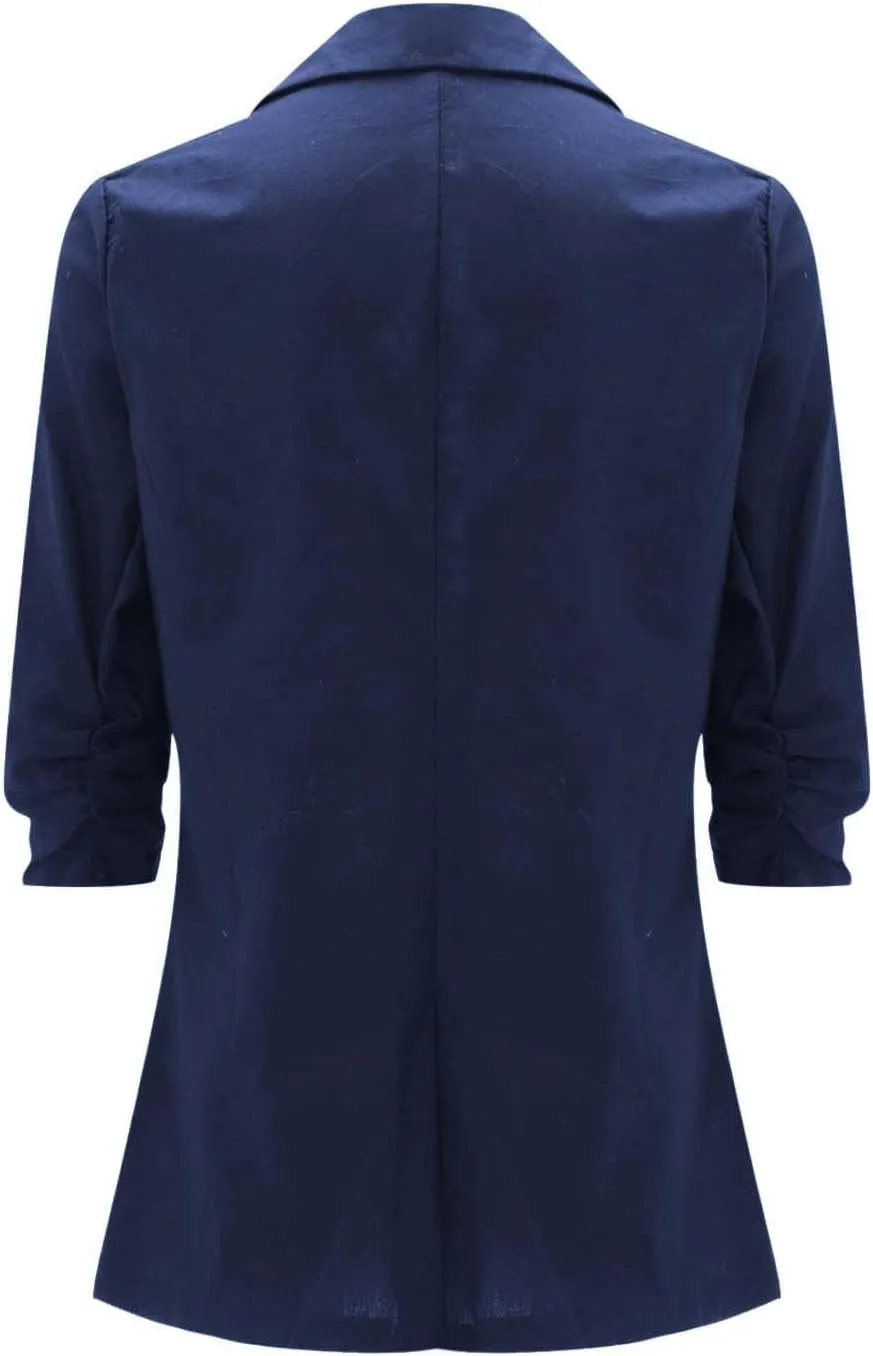 2025 Linen Blazer Women Casual 3/4 Stretchy Ruched Sleeve Blazer Jackets Lightweight Breathable Work Office Jackets
