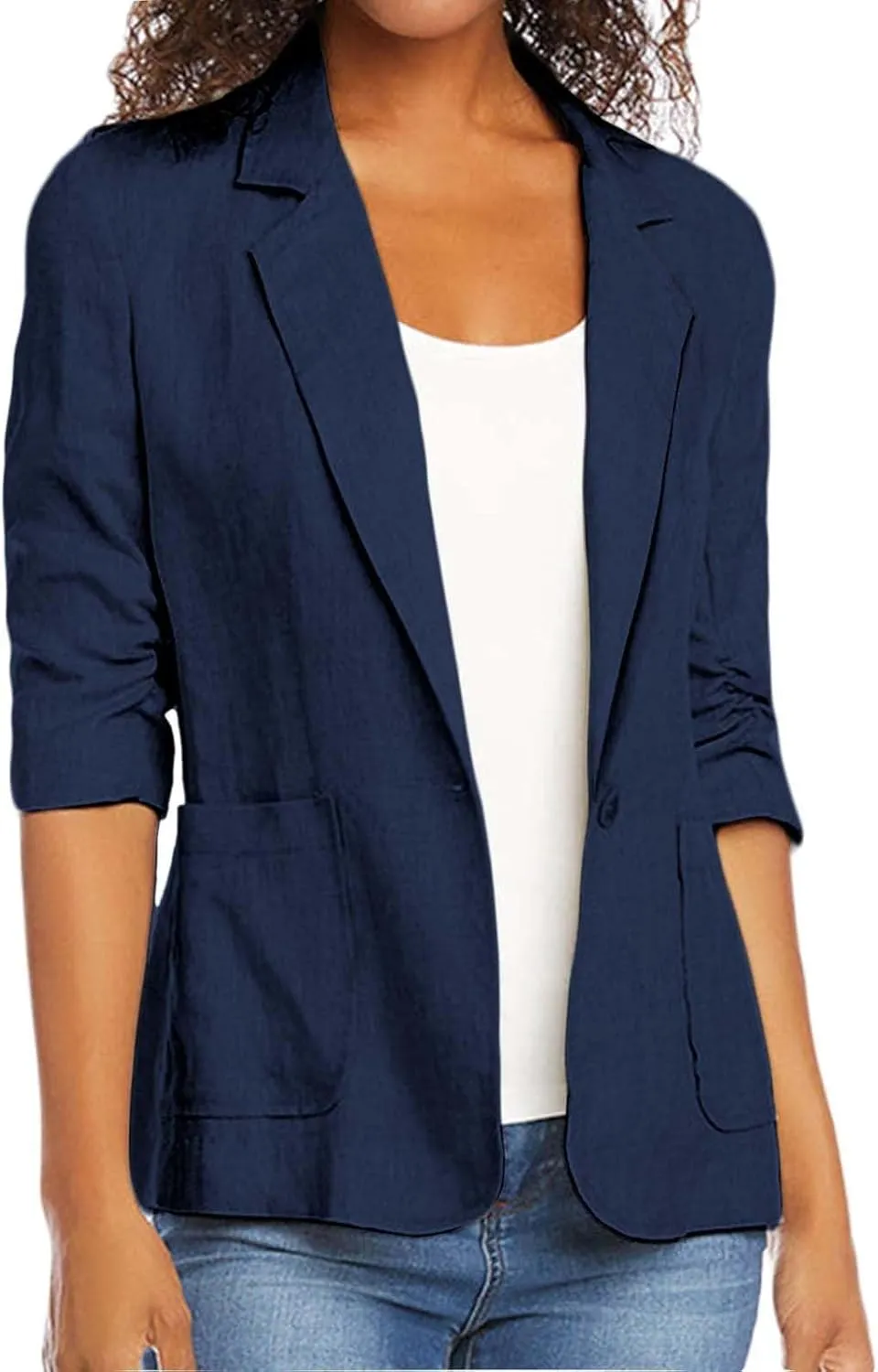 2025 Linen Blazer Women Casual 3/4 Stretchy Ruched Sleeve Blazer Jackets Lightweight Breathable Work Office Jackets