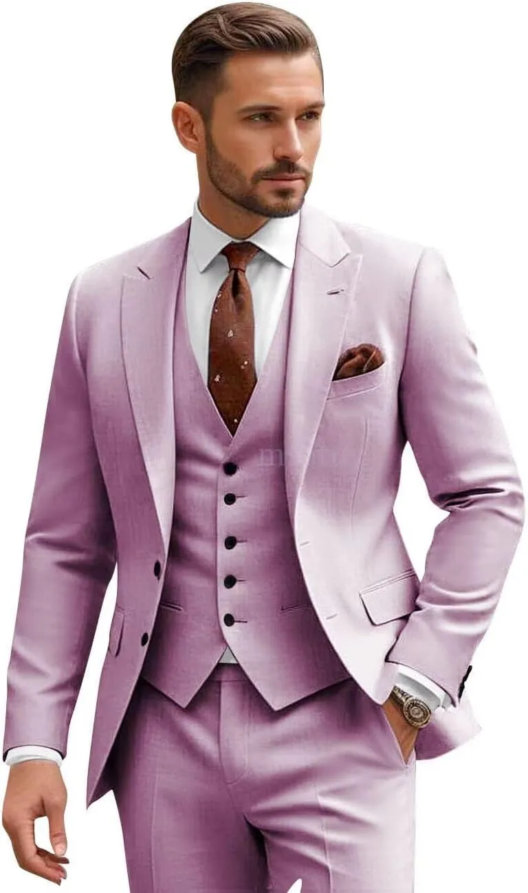 3 Piece Suits for Men Wedding Slim Fit Man Suit Sets Single Breasted Two Button Peak Lapel Blazer Vest Pants Set