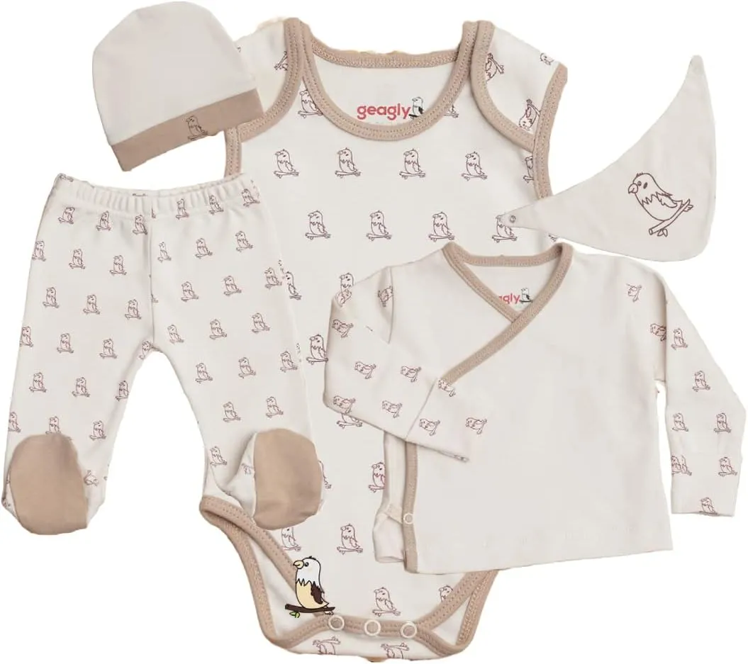 5 pcs GOTS Certified Organic Cotton Preemie & Newborn Earth Tones Gender Neutral Layette Clothing Gift Set