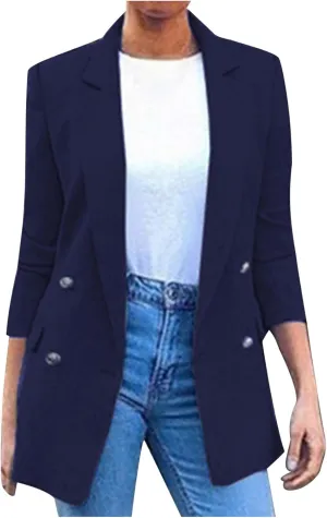 Akklian Women's Blazer Twill Office Jackets Plus Size Fitted Lapel Blazers Double Breasted 3/4 Sleeve Lightweight Suit Jacket