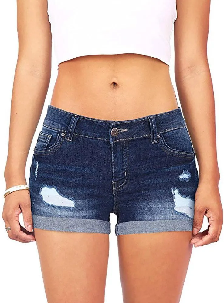 American Flag Jean Shorts for Women Low Rise Ripped Cut Off Stretchy Distressed Rolled Frayed Hem Denim Shorts