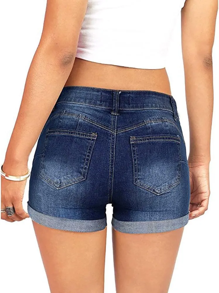 American Flag Jean Shorts for Women Low Rise Ripped Cut Off Stretchy Distressed Rolled Frayed Hem Denim Shorts