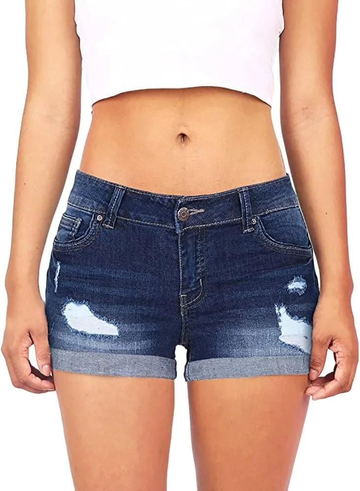 American Flag Jean Shorts for Women Low Rise Ripped Cut Off Stretchy Distressed Rolled Frayed Hem Denim Shorts