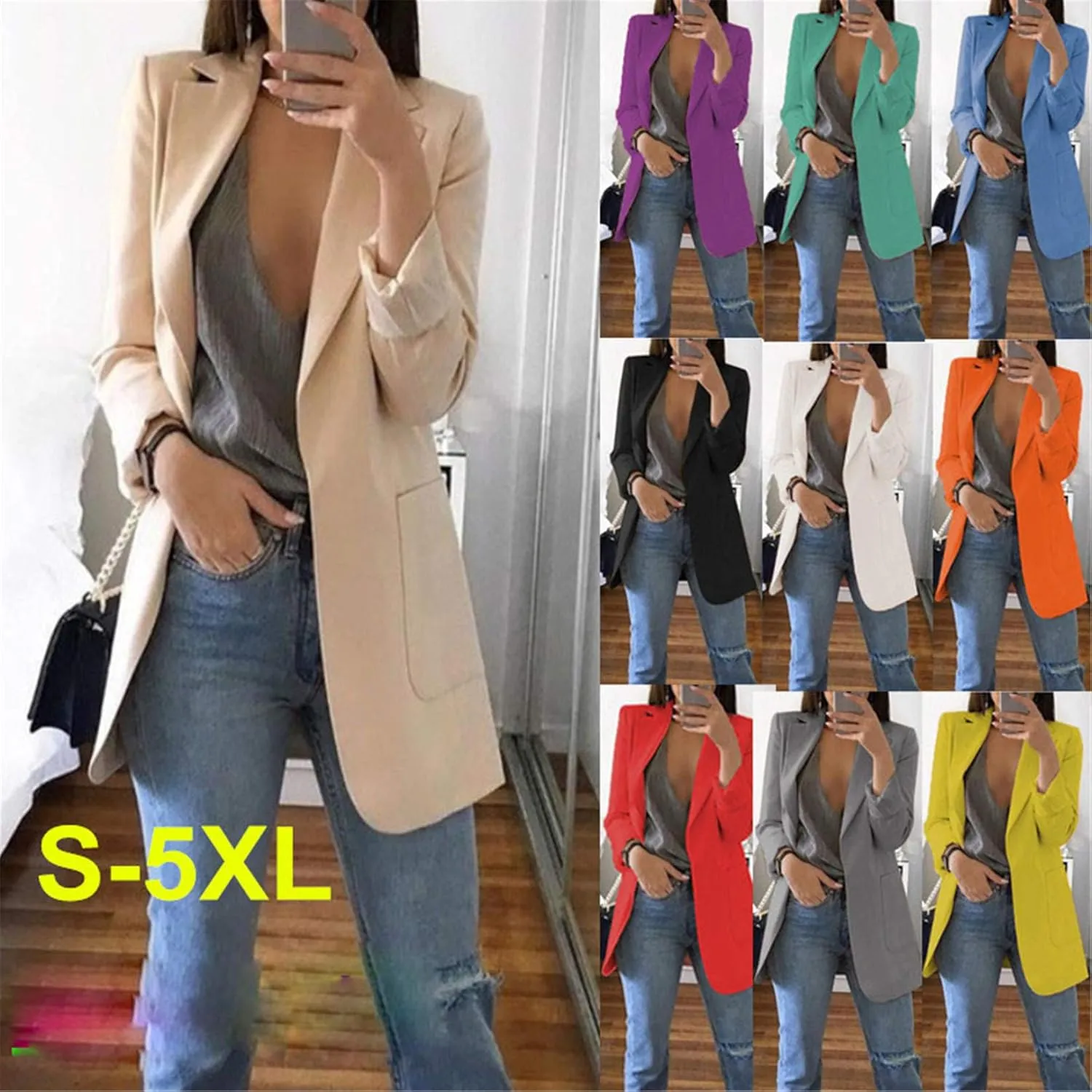 Andongnywell Women's Long Sleeve Slim Suit Jacket Clearance Open Blazer Fit Work Office Cardigan Coat Overcoats