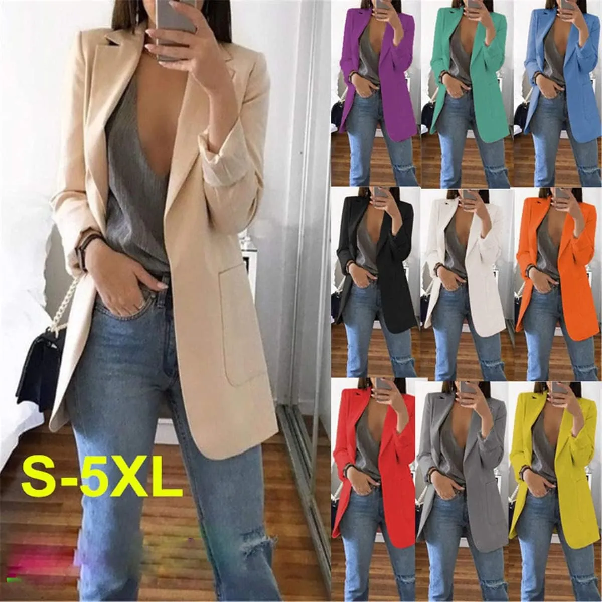 Andongnywell Women's Long Sleeve Slim Suit Jacket Clearance Open Blazer Fit Work Office Cardigan Coat Overcoats