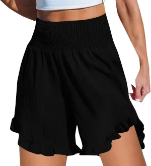 Bermuda Shorts for Women Knee Length High Waist Plus Size Ruffles Shorts Summer Beach Flowy Long Short with Pockets