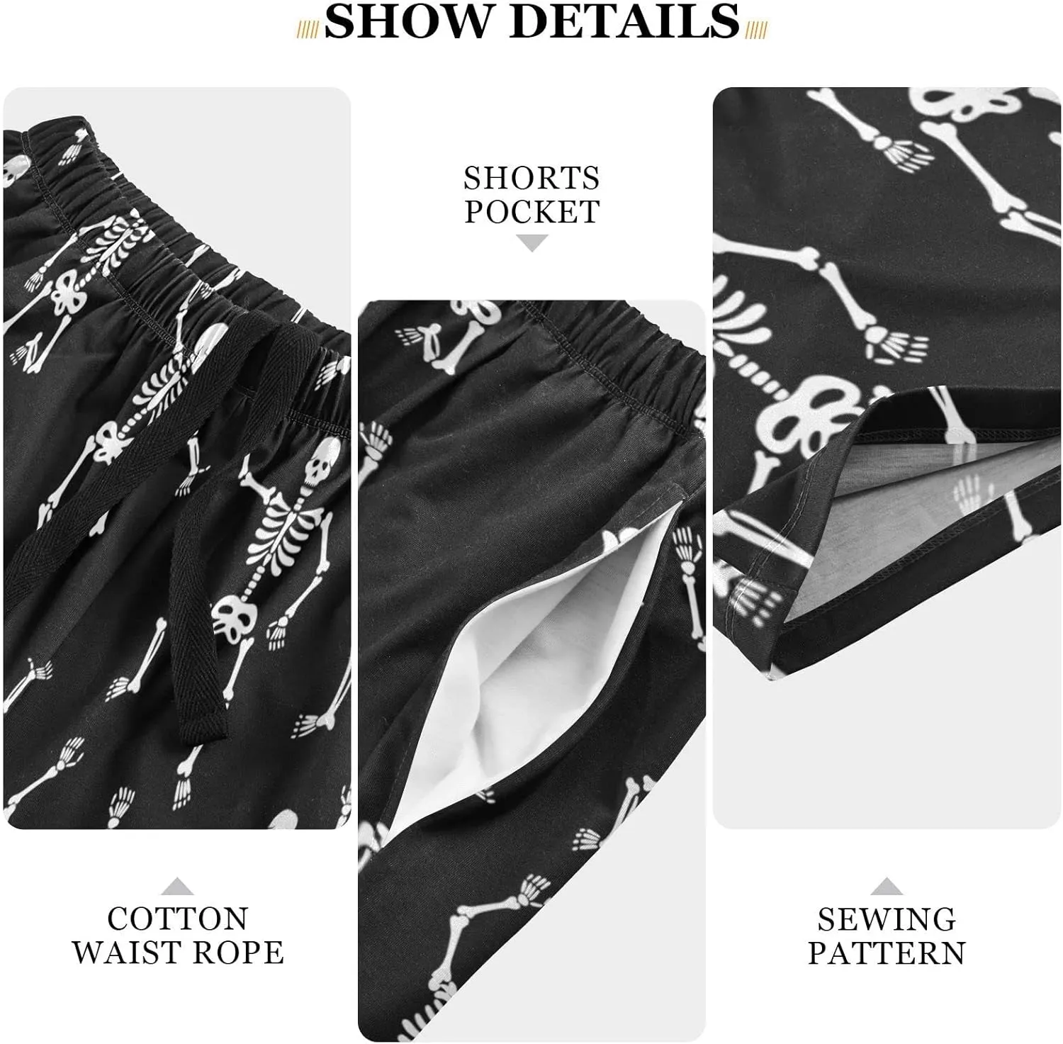 Black Skeleton Dancing Men's Pajama Pants Shorts Sleepwear Lounge Pajama Bottoms