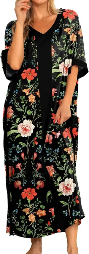 Bloggerlove Women Nightgowns Cotton Caftan House Dress Short Sleeve Sleepwear