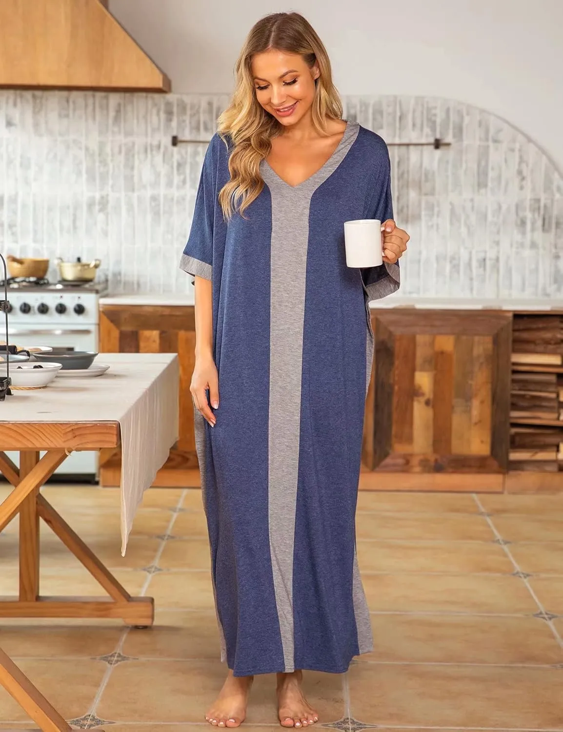 Bloggerlove Women Nightgowns Cotton Caftan House Dress Short Sleeve Sleepwear