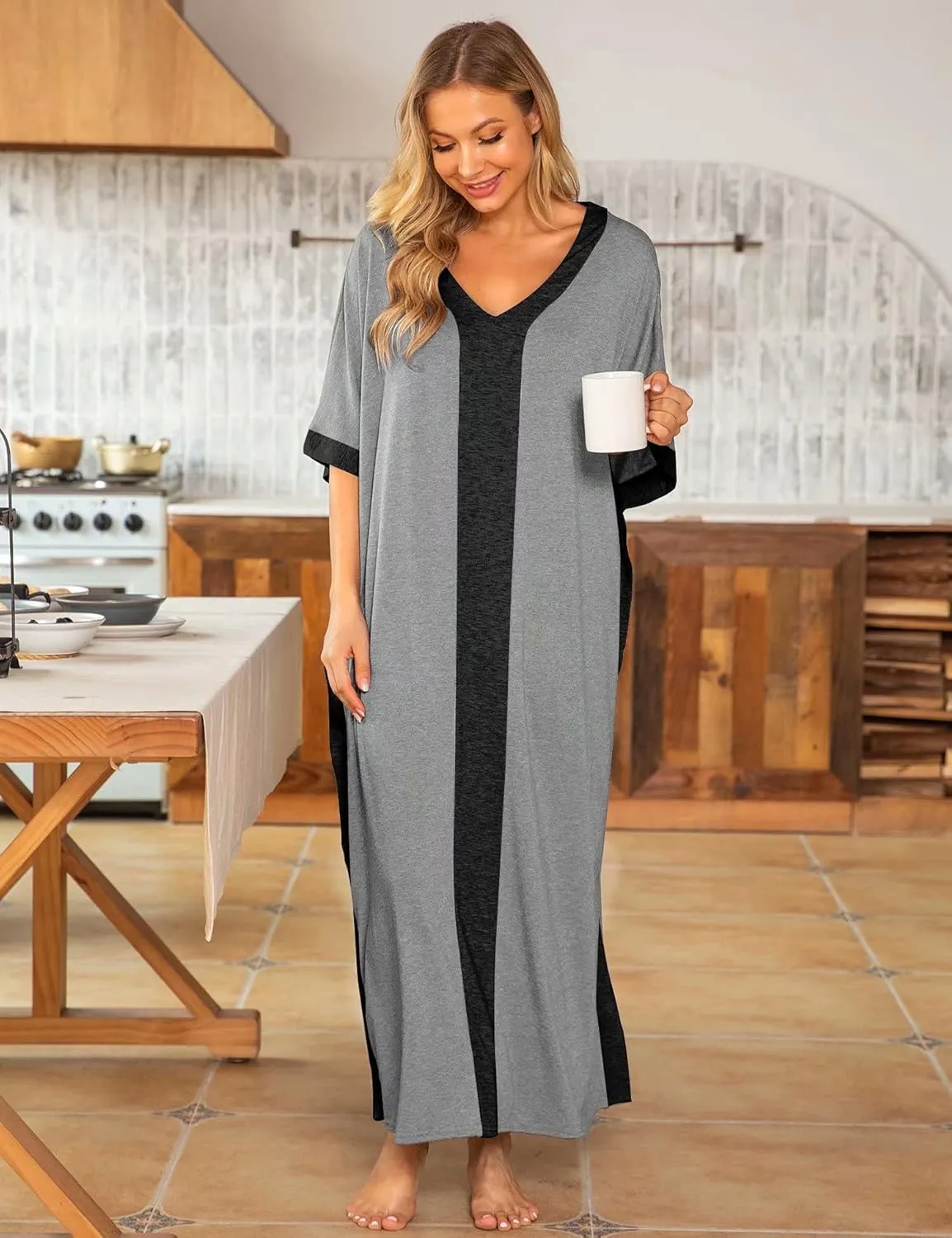 Bloggerlove Women Nightgowns Cotton Caftan House Dress Short Sleeve Sleepwear
