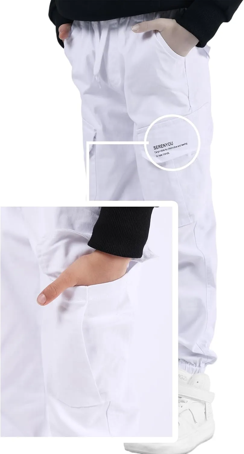 Boys Cargo Pants Drawstring Pull on Trousers for Kids Children School Elastic Cuffed Joggers 6-14 Years