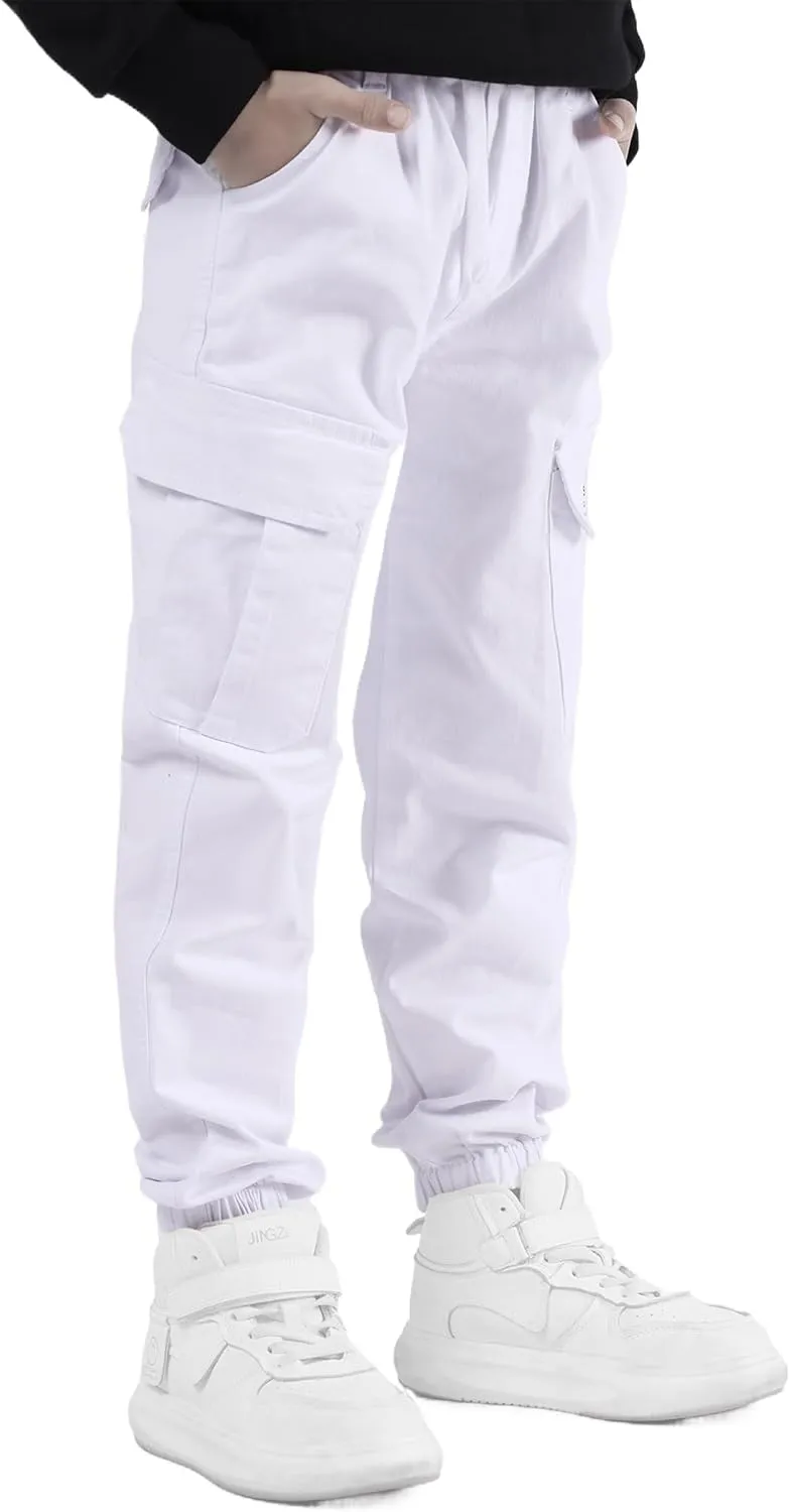 Boys Cargo Pants Drawstring Pull on Trousers for Kids Children School Elastic Cuffed Joggers 6-14 Years