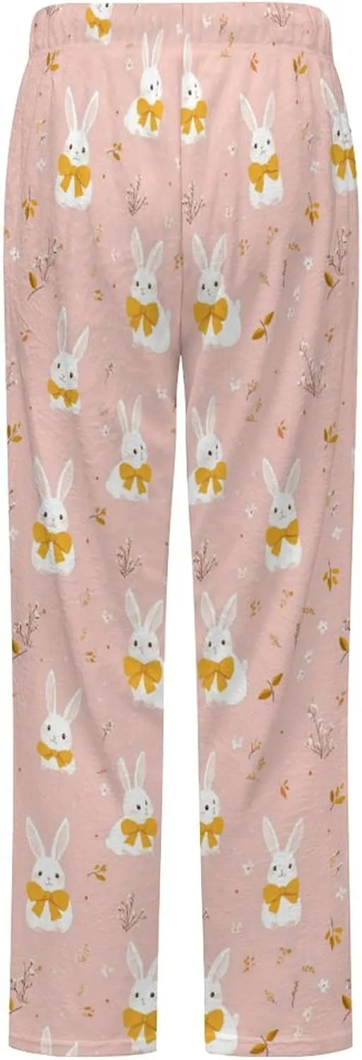 Cartoon White Rabbit Flower Women's Pajama Pants Fleece Warm Pj Bottoms Sleepwear Lounge Pants Loungewear