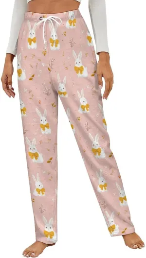 Cartoon White Rabbit Flower Women's Pajama Pants Fleece Warm Pj Bottoms Sleepwear Lounge Pants Loungewear
