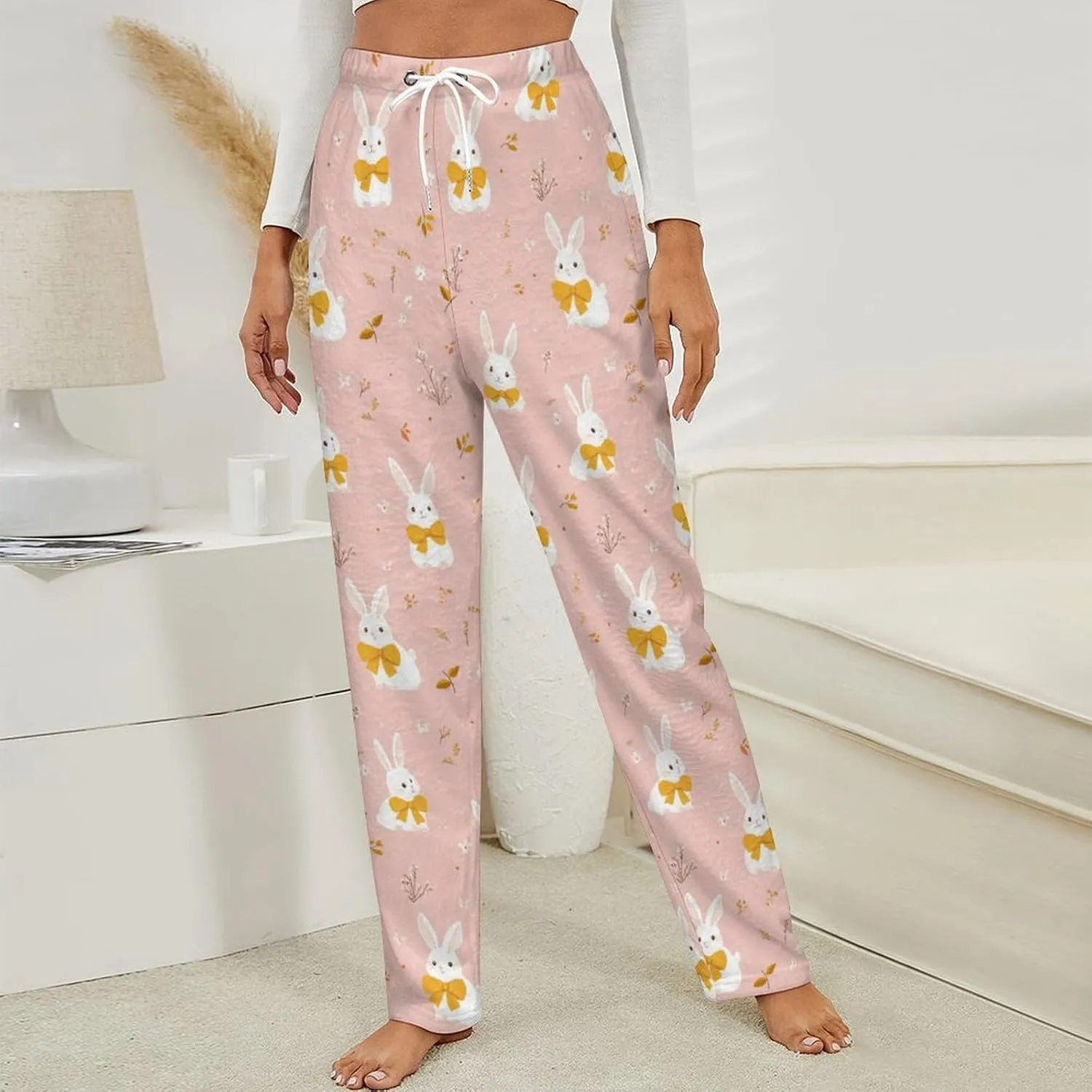 Cartoon White Rabbit Flower Women's Pajama Pants Fleece Warm Pj Bottoms Sleepwear Lounge Pants Loungewear