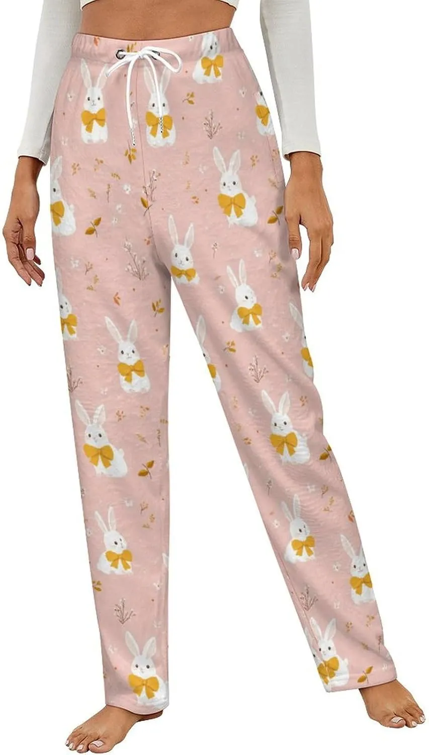 Cartoon White Rabbit Flower Women's Pajama Pants Fleece Warm Pj Bottoms Sleepwear Lounge Pants Loungewear