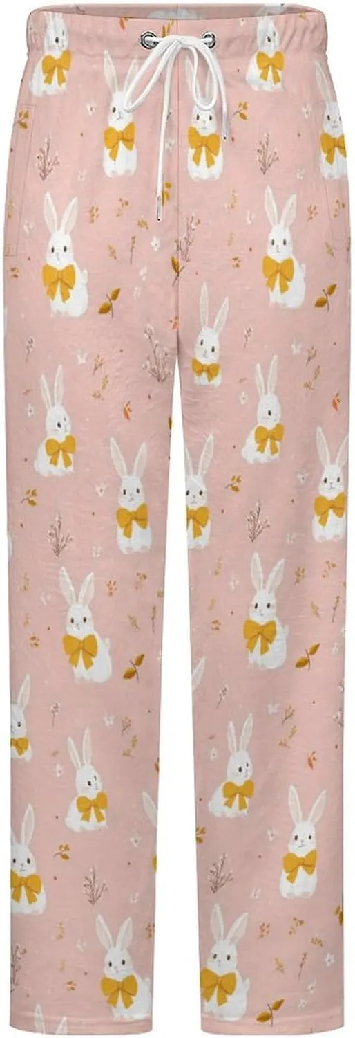 Cartoon White Rabbit Flower Women's Pajama Pants Fleece Warm Pj Bottoms Sleepwear Lounge Pants Loungewear