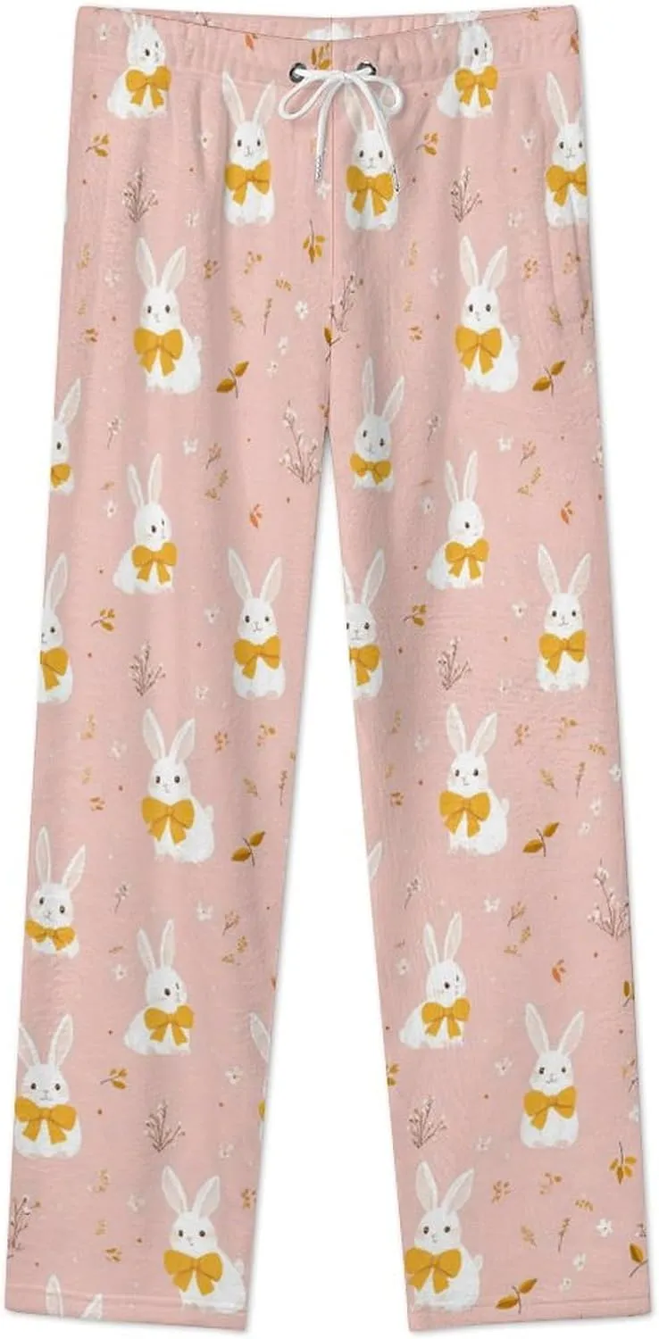 Cartoon White Rabbit Flower Women's Pajama Pants Fleece Warm Pj Bottoms Sleepwear Lounge Pants Loungewear