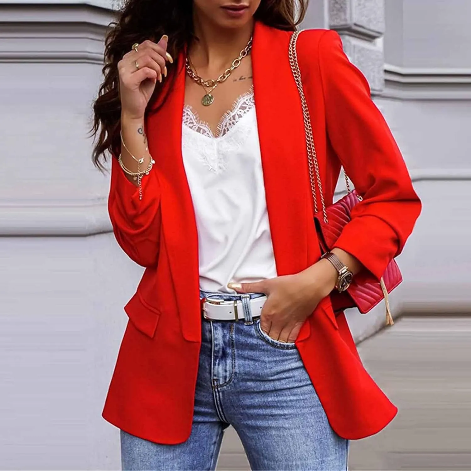 Casual Blazers for Women Dressy Lapel Open Front Long Sleeve Suit Jackets Business Slim Fit Long Office Work Blazer