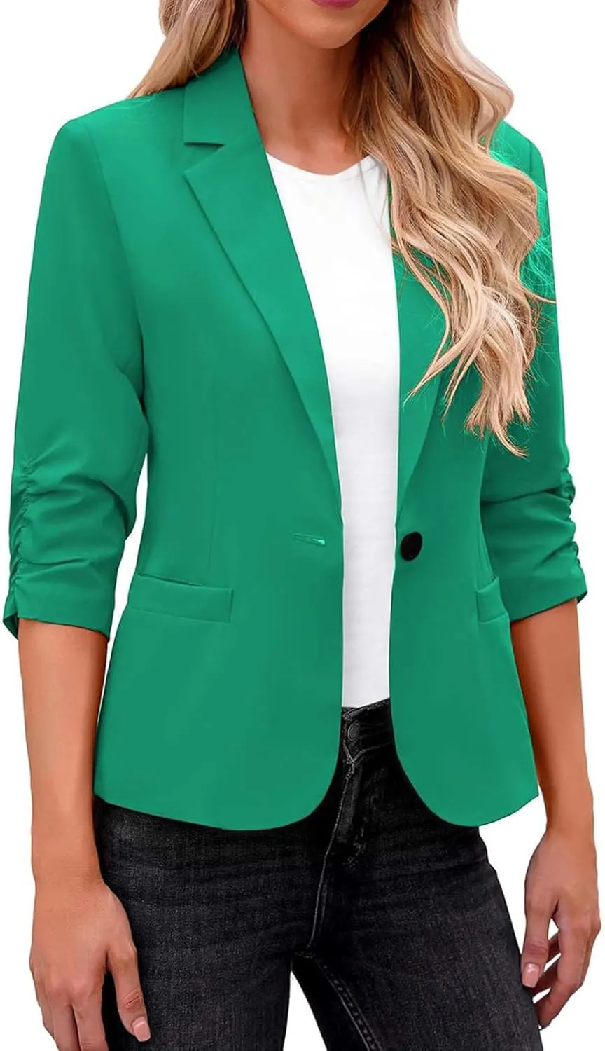 Casual Blazers for Women Fashion Lapel Open Front 3/4 Sleeve Suit Jackets Slim Fit Solid Color Office Wort Blazer