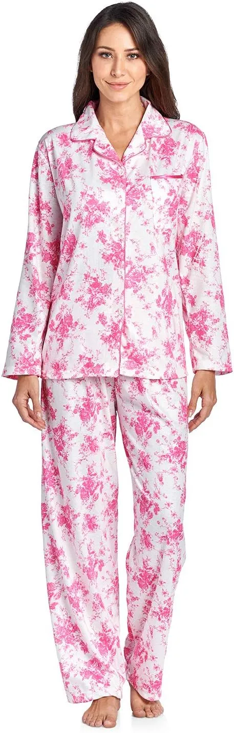 Casual Nights Women's Embroidered Contrast Print Long Sleeve Pajama Set