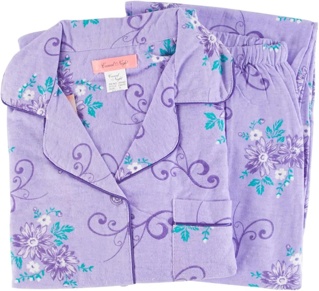 Casual Nights Women's Flannel Long Sleeve PJ's Button Down Sleepwear Pajama Set