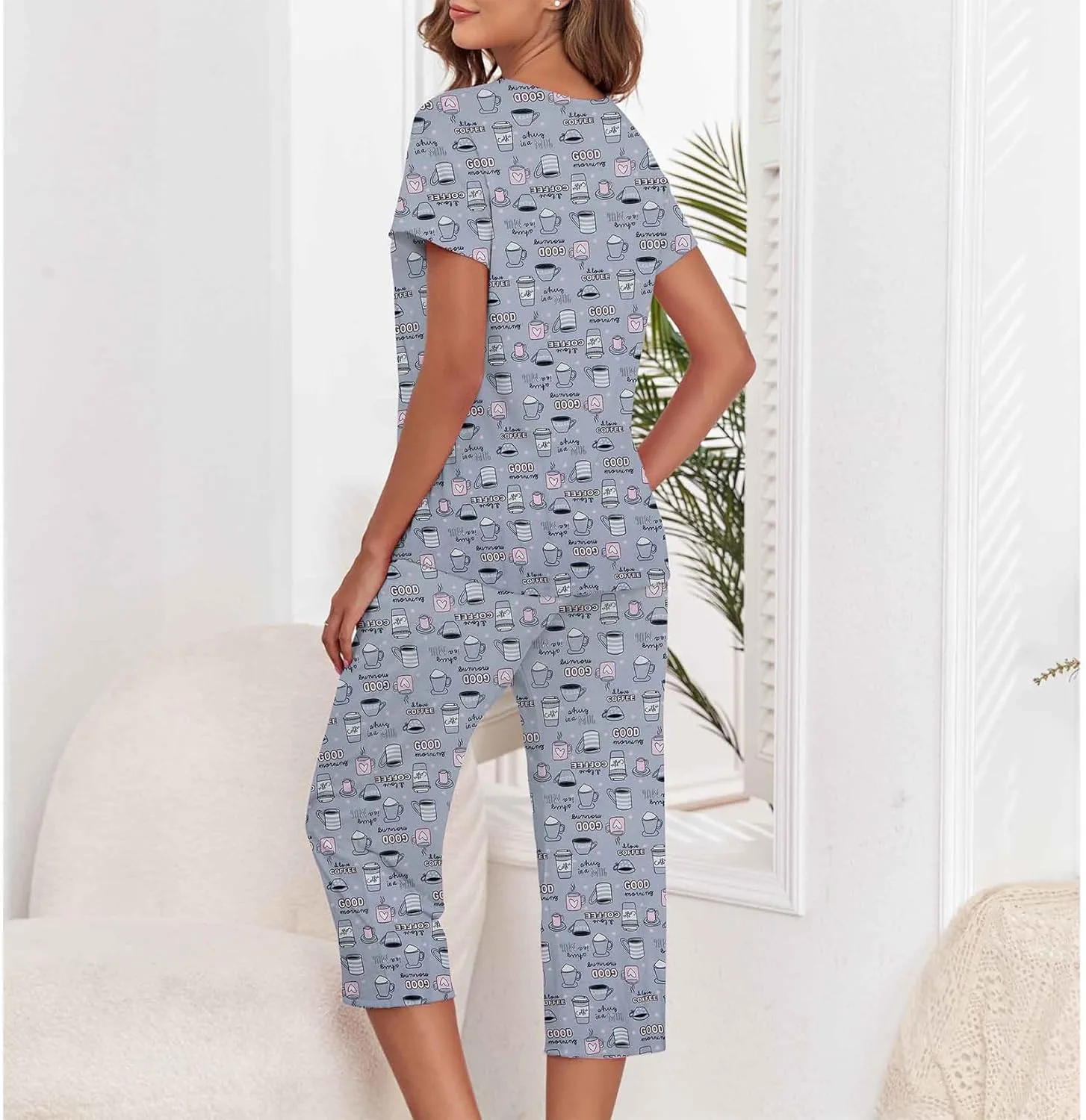Century Star Women Summer Pajamas Soft Sleepwear Top with Capri Pants Ladies Short Sleeve Cotton Pajamas Sets