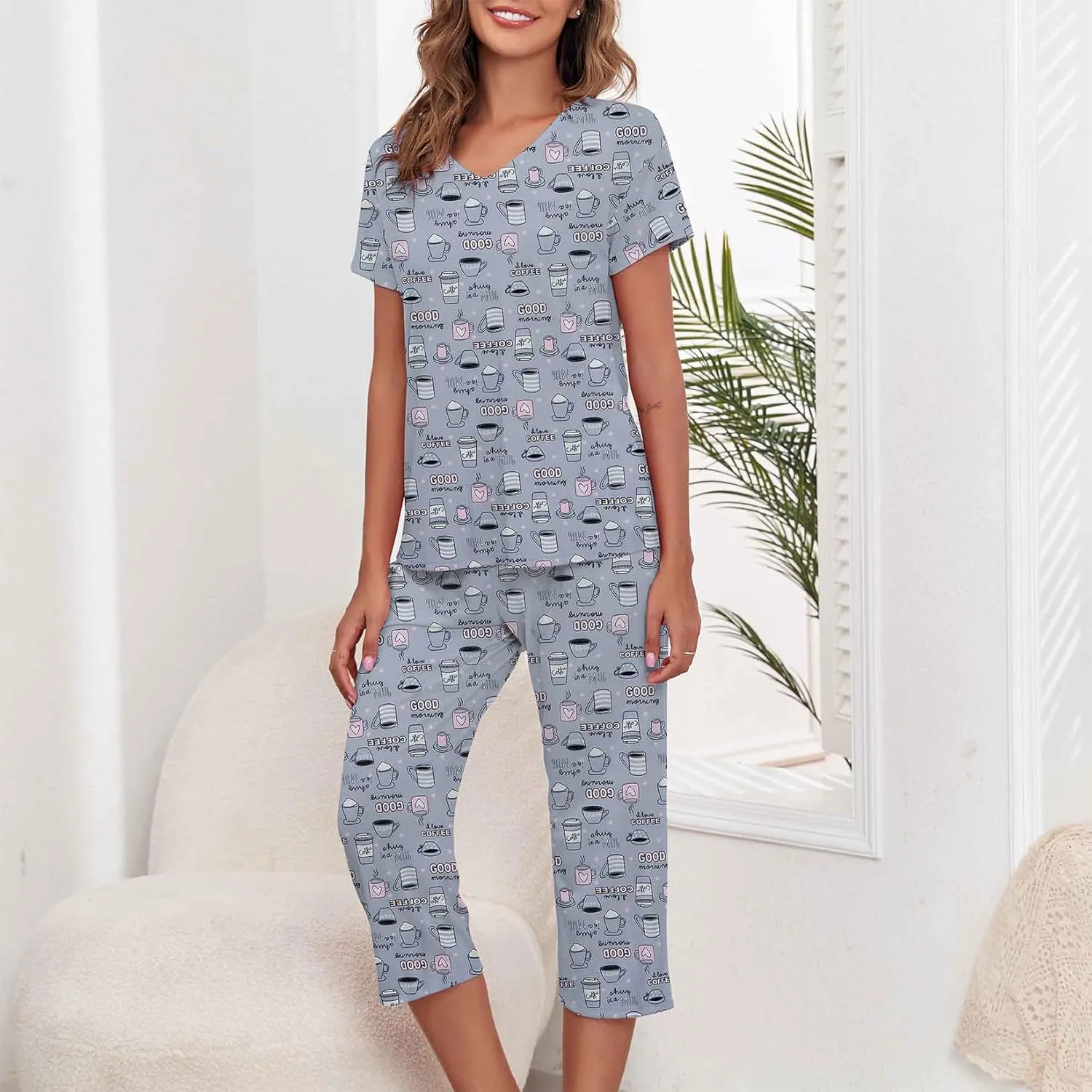 Century Star Women Summer Pajamas Soft Sleepwear Top with Capri Pants Ladies Short Sleeve Cotton Pajamas Sets