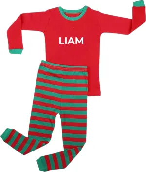 Christmas Striped PJs Personalized with Custom Name Boys Girls 2 Piece Kids Pajamas Matching Set 100% Cotton 6M-12Y