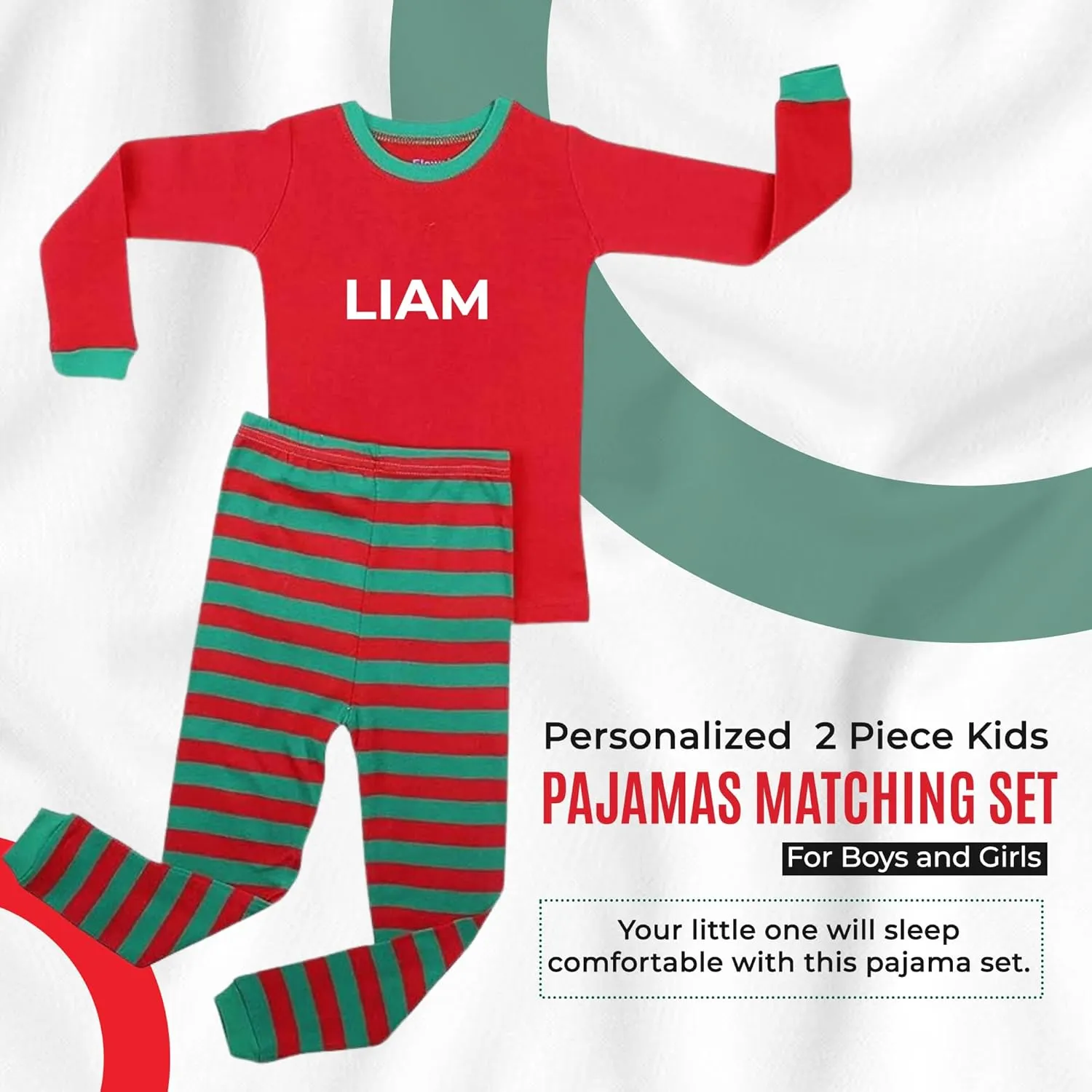 Christmas Striped PJs Personalized with Custom Name Boys Girls 2 Piece Kids Pajamas Matching Set 100% Cotton 6M-12Y