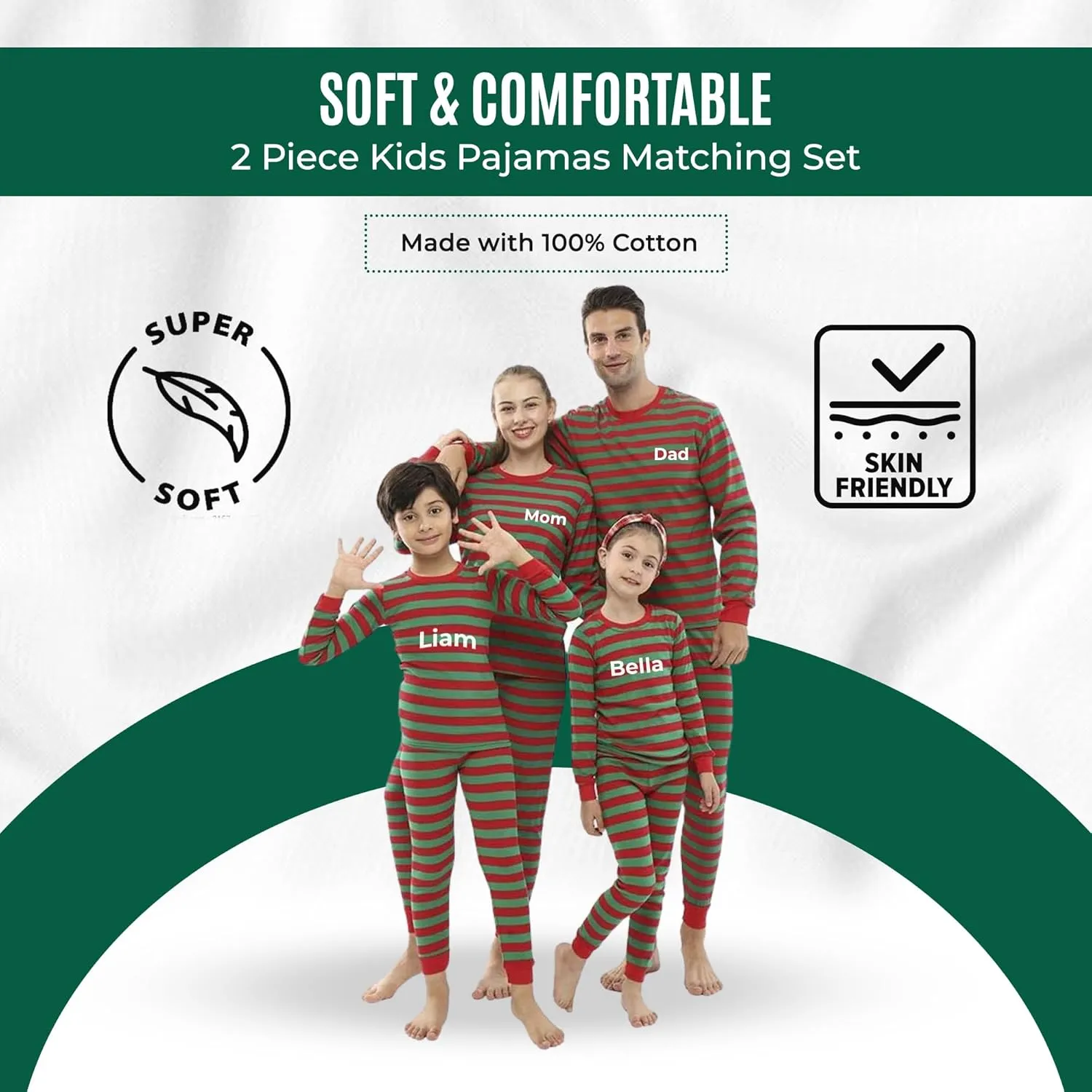 Christmas Striped PJs Personalized with Custom Name Boys Girls 2 Piece Kids Pajamas Matching Set 100% Cotton 6M-12Y