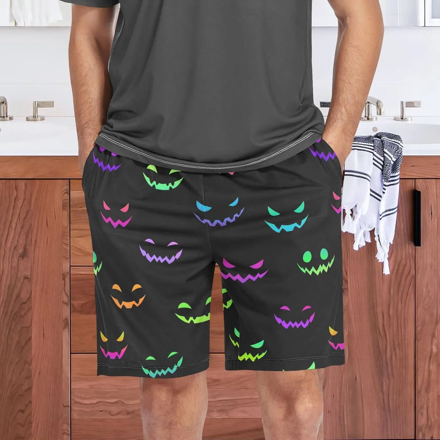 Colorful Halloween Pumpkin Face Men's Pajama Pants Shorts Sleepwear Lounge Pajama Bottoms