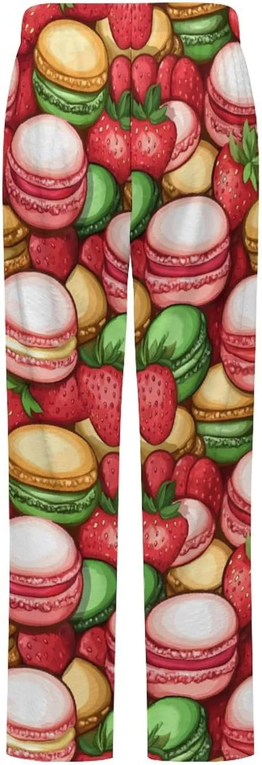 Colorful Macarons Cake And Various Fruits Women's Pajama Pants Fleece Warm Pj Bottoms Sleepwear Lounge Pants Loungewear