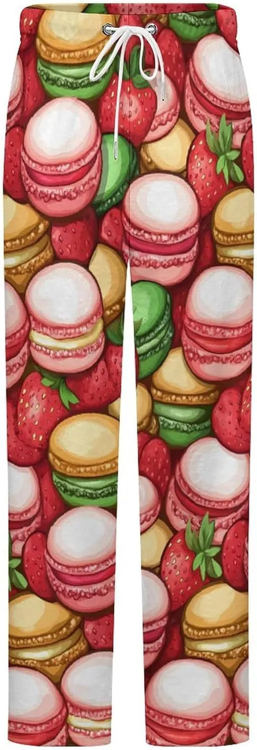 Colorful Macarons Cake And Various Fruits Women's Pajama Pants Fleece Warm Pj Bottoms Sleepwear Lounge Pants Loungewear