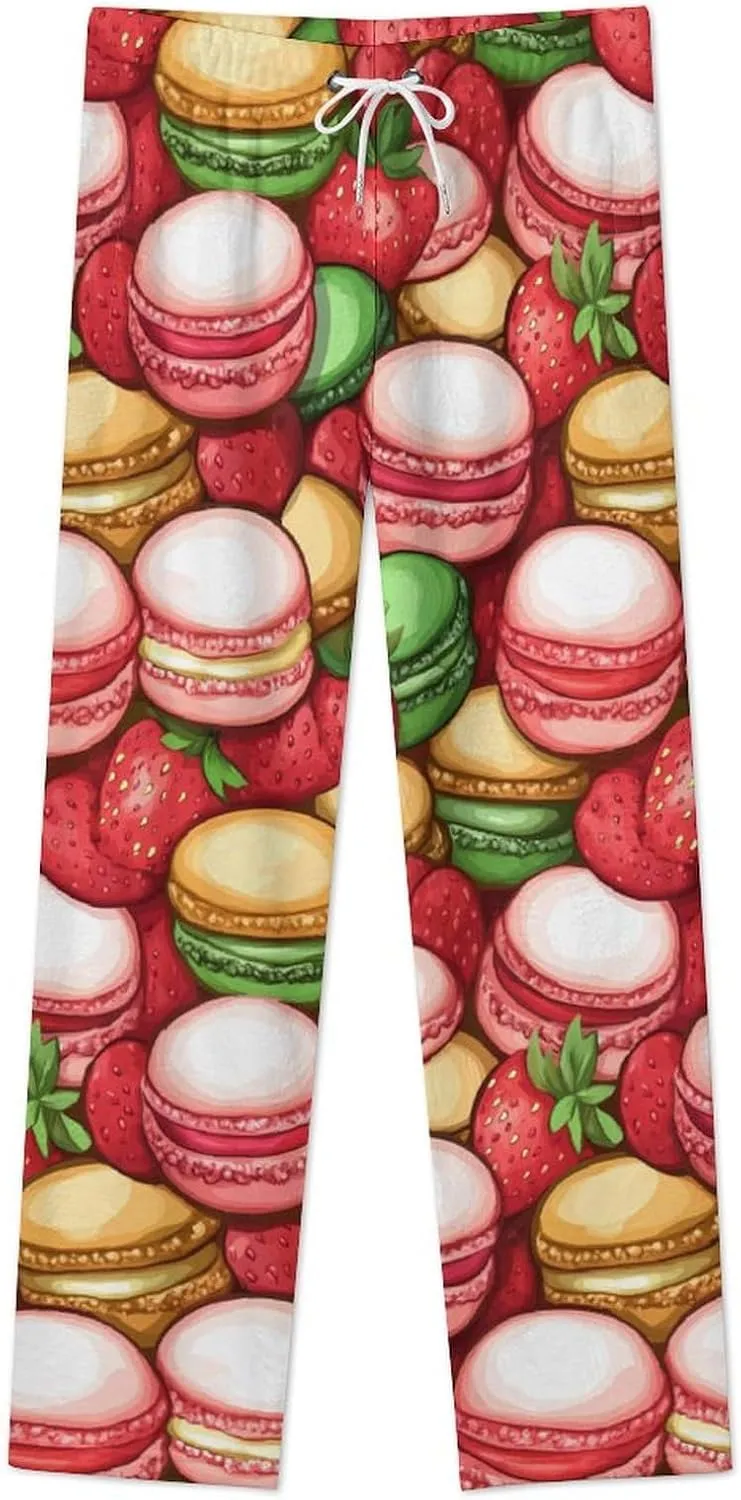 Colorful Macarons Cake And Various Fruits Women's Pajama Pants Fleece Warm Pj Bottoms Sleepwear Lounge Pants Loungewear
