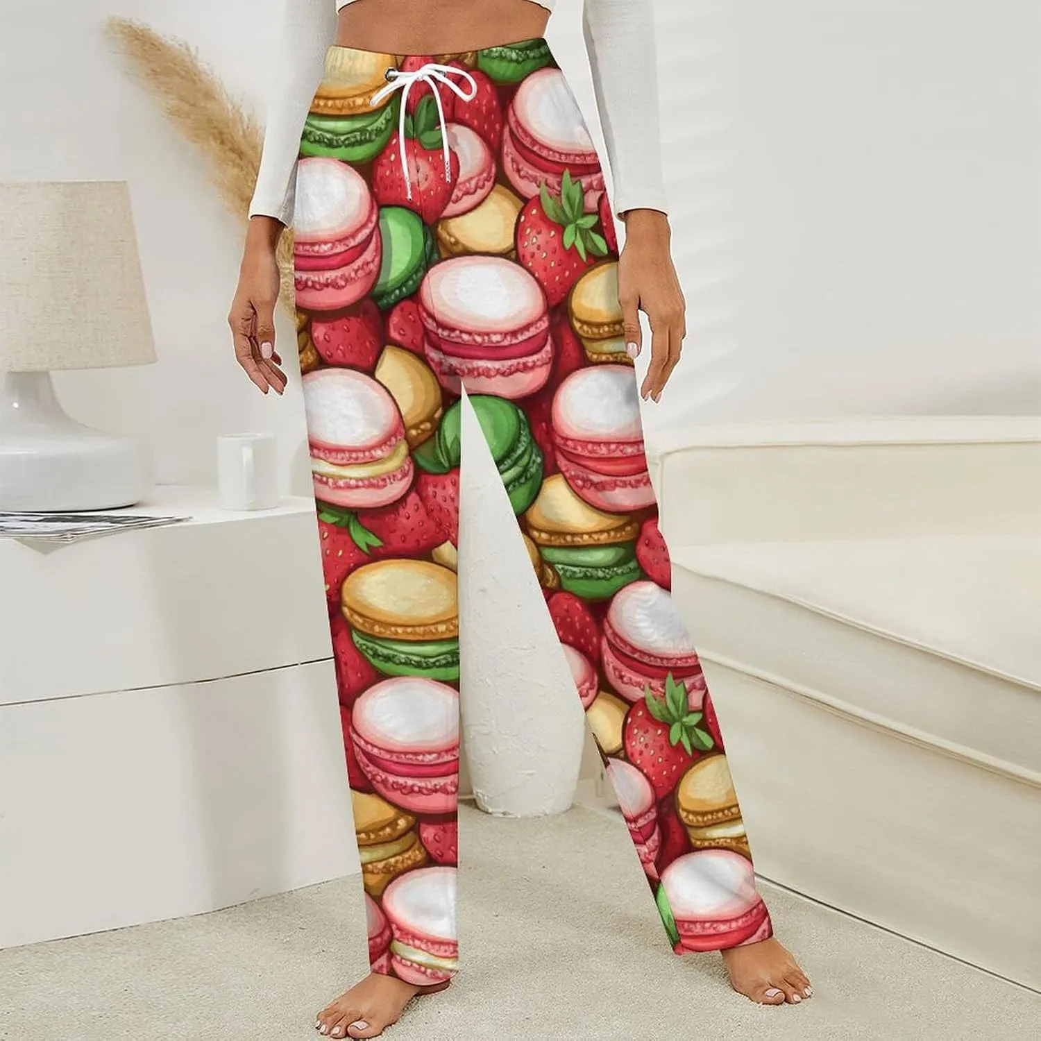 Colorful Macarons Cake And Various Fruits Women's Pajama Pants Fleece Warm Pj Bottoms Sleepwear Lounge Pants Loungewear